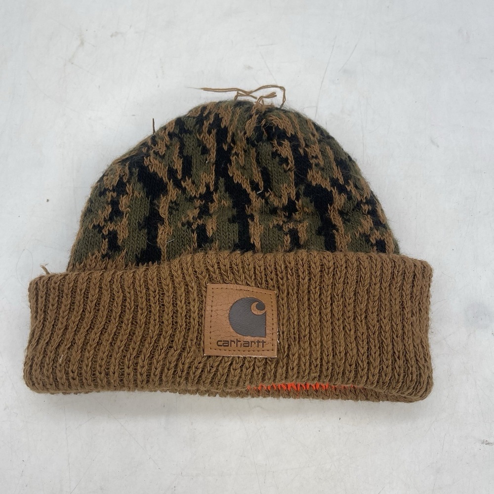 Vintage 90s Carhartt Camo Beanie Made In USA Knit Toboggan Reversible